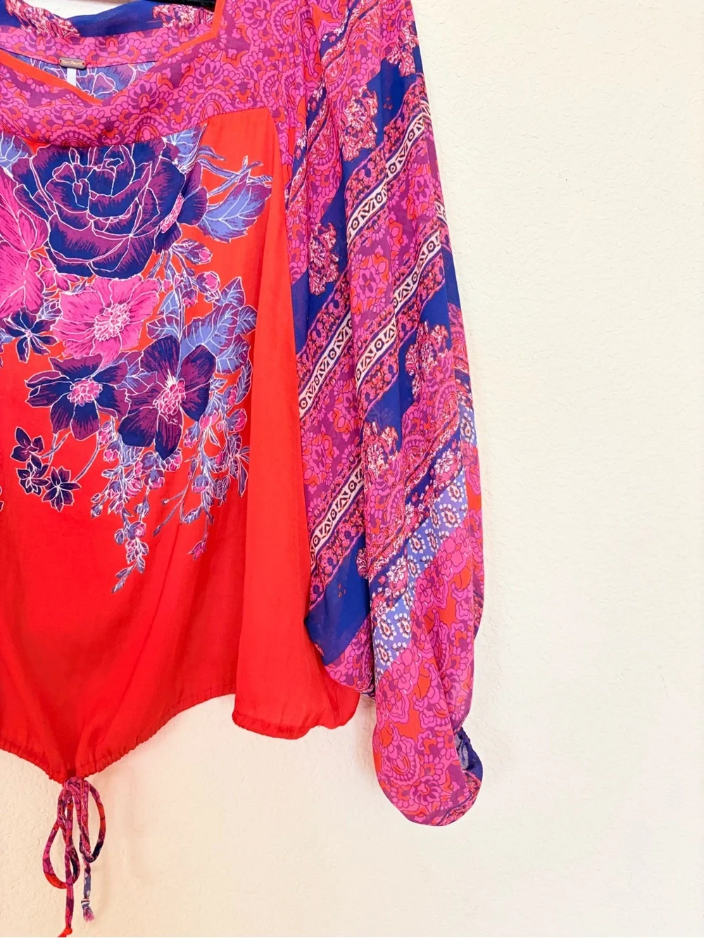 Free People Blue Nile Floral Print Blouse Exaggerated Sleeves Pull-On Top XL